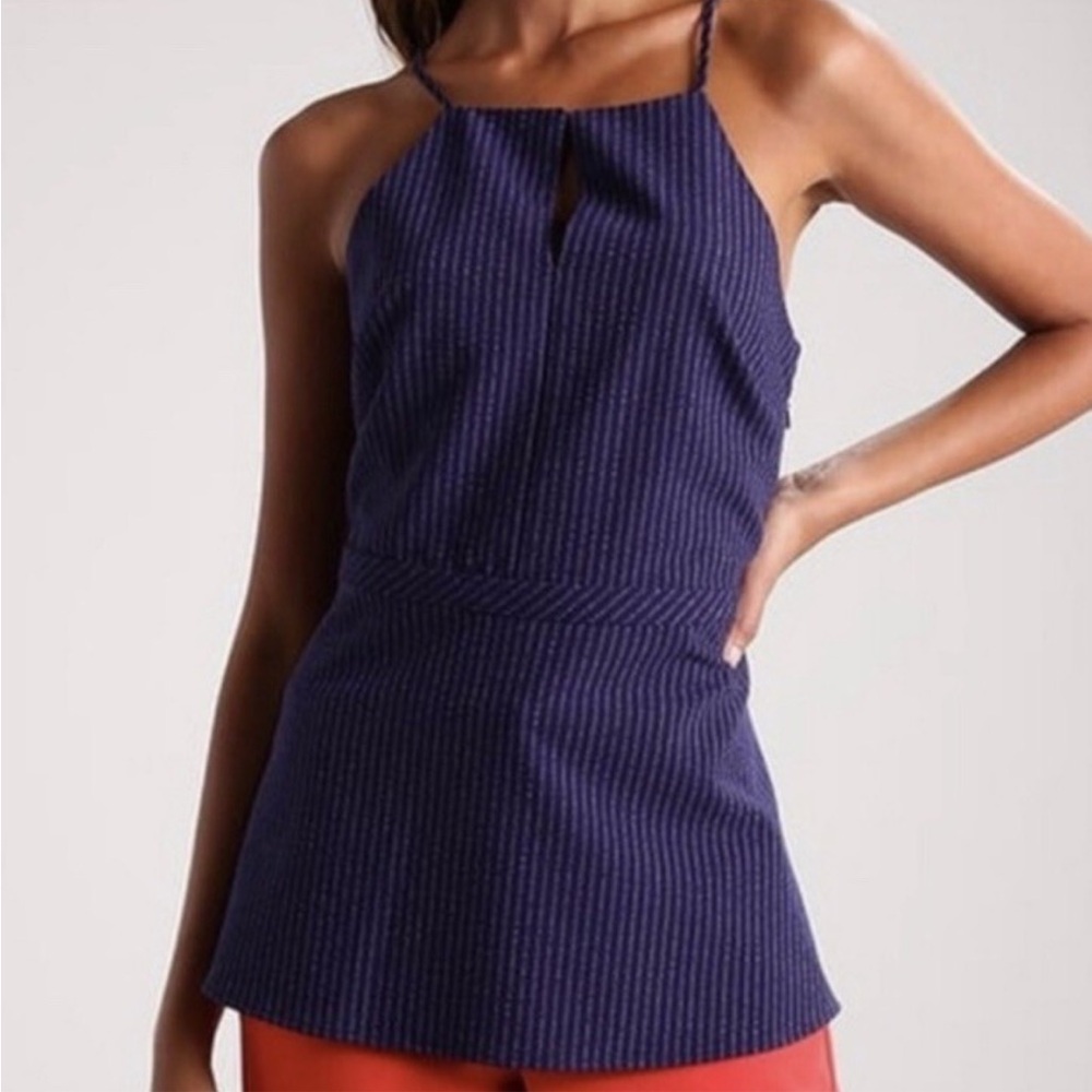 Banana republic lined peplum navy striped sleeveless top with high neck size 12